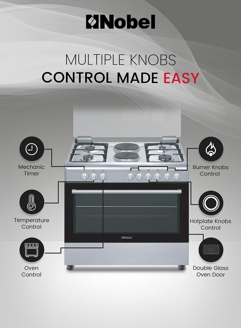 نوبل طباخ كهربائي وغاز 90 × 60، 4 شعلات غاز، 2 طبق تسخين، شواية كهربائية وفرن كهربائي، 9 مقابض تحكم، إشعال تلقائي، غطاء زجاجي، ضوء داخلي، حماية لجهاز فشل اللهب، 89.8 × 60.1 × 88 سم، فضي، مصنوع في تركيا - Image 5