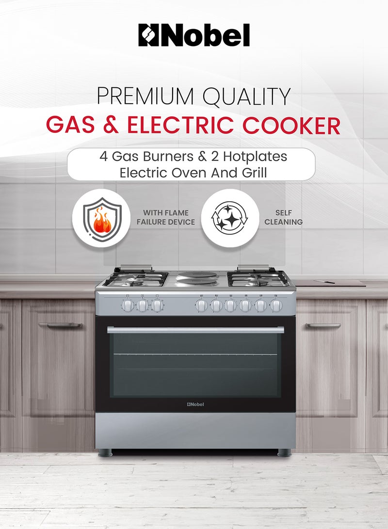 نوبل طباخ كهربائي وغاز 90 × 60، 4 شعلات غاز، 2 طبق تسخين، شواية كهربائية وفرن كهربائي، 9 مقابض تحكم، إشعال تلقائي، غطاء زجاجي، ضوء داخلي، حماية لجهاز فشل اللهب، 89.8 × 60.1 × 88 سم، فضي، مصنوع في تركيا - Image 2