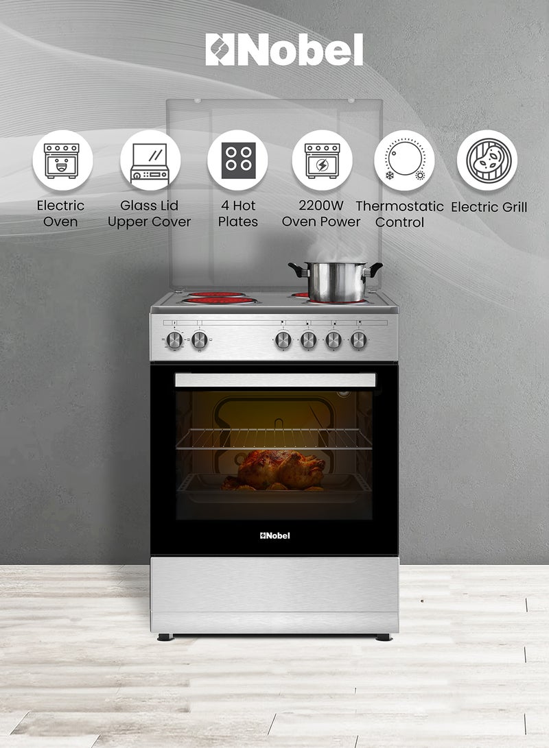 Nobel 60 x 55 Electric Cooker, 4 Hot Plate & Electric Oven, 6 Knob Control, Auto Ignition, Stainless Steel Lid, Inner Light, 59.8 x 56.7 x 85.3 cm, Silver, Made In Turkey NGC6400 Inox  - Image 3