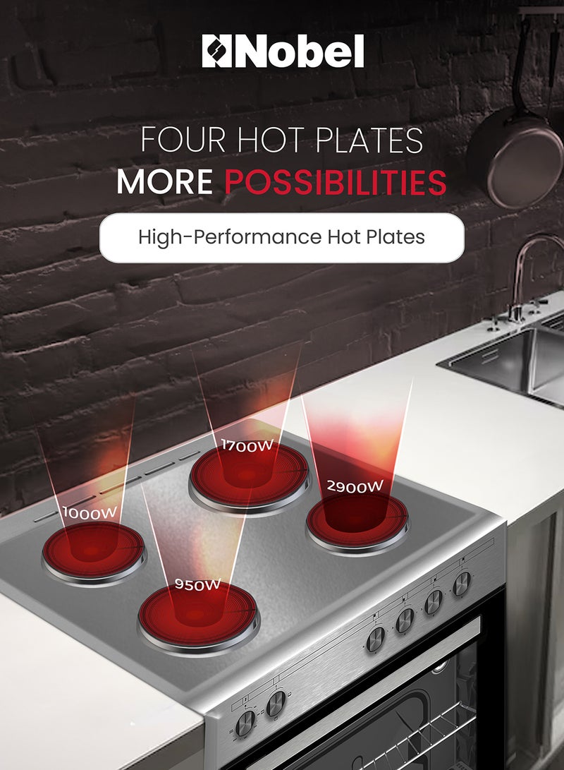 Nobel 60 x 55 Electric Cooker, 4 Hot Plate & Electric Oven, 6 Knob Control, Auto Ignition, Stainless Steel Lid, Inner Light, 59.8 x 56.7 x 85.3 cm, Silver, Made In Turkey NGC6400 Inox  - Image 5