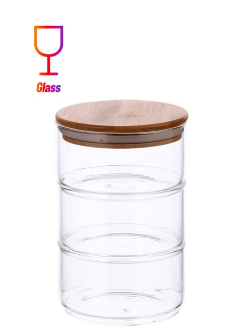 3-Layer Stackable Food Storage Jar With Airtight Bamboo Lid Set Clear/Beige 11.5x11.5x8cm