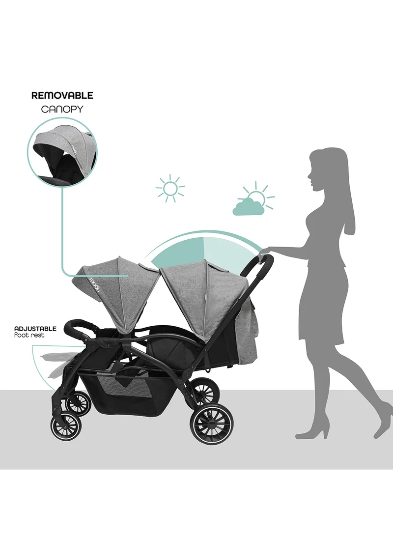 مون Dois Tandem Twin Stroller – Double Infant And Toddler Travel Stroller, Lightweight, Foldable, Suitable 0m+, Up to 15kg per Seat – Grey