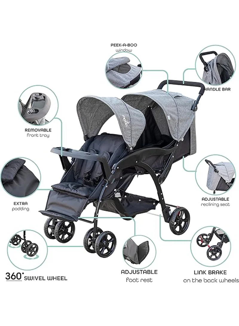 مون Dois Tandem Twin Stroller – Double Infant And Toddler Travel Stroller, Lightweight, Foldable, Suitable 0m+, Up to 15kg per Seat – Grey