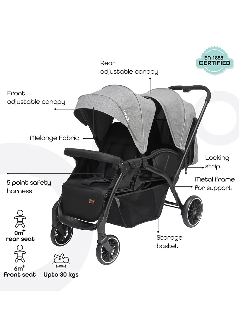 مون Dois Tandem Twin Stroller – Double Infant And Toddler Travel Stroller, Lightweight, Foldable, Suitable 0m+, Up to 15kg per Seat – Grey