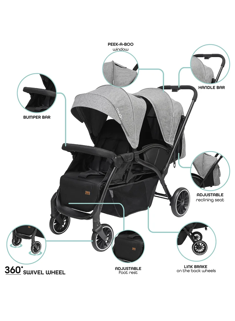 مون Dois Tandem Twin Stroller – Double Infant And Toddler Travel Stroller, Lightweight, Foldable, Suitable 0m+, Up to 15kg per Seat – Grey