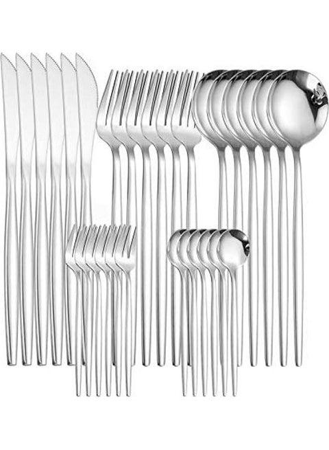 30-Piece Stainless Steel Knife Fork Spoon Full Set Silver for Home Office Restaurant Hotel Silver