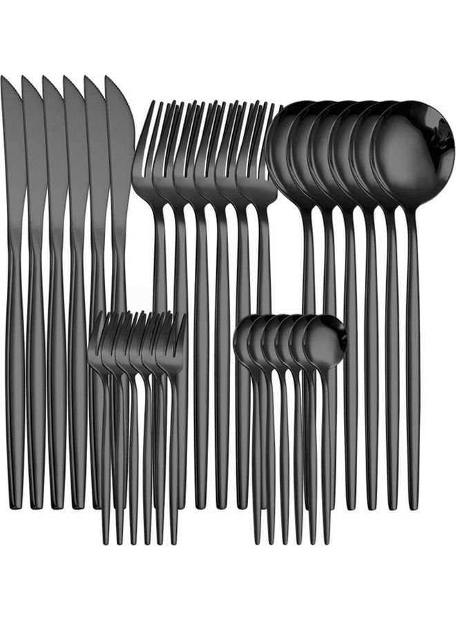XiuWoo 30-Piece Stainless Steel Knife Fork Spoon Full Set  for Home Office Restaurant Hotel Black 20cm