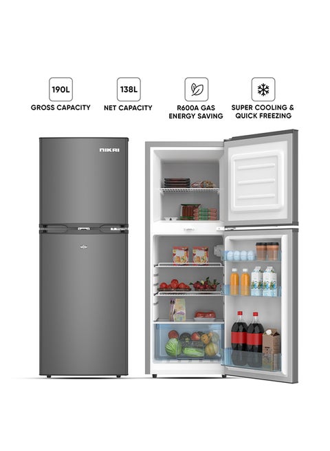 190L Gross / 138L Net, Double Door Refrigerator With Vegetable Crisper And Adjustable Glass Shelves, Convenient Defrosting And Temperature Control, Ideal For Kitchen, Bedroom, Office And Hotels 138 kW NRF190DN4S Grey