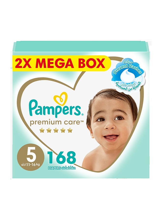 Pampers Premium Care Taped Baby Diapers, Size 5, 11-16kg,  Softest Absorption for Ultimate Skin Protection, 168 Count 