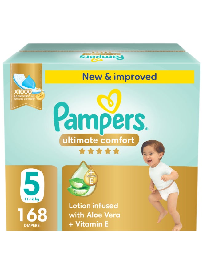 Pampers Premium Care Taped Baby Diapers, Size 5, 11-16kg,  Softest Absorption for Ultimate Skin Protection, 168 Count 