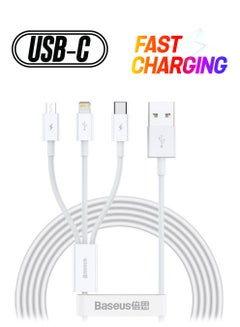 بيسوس كابل شحن سريع متعدد 3 في 1، بتصميم ذكي متوافق مع آيفون/ منفذ Type C/ مايكرو USB لأجهزة آيفون وآيباد ومنافذ مايكرو USB والهواتف الذكية Type C، يدعم الشحن السريع ومزود بعدد 3 منافذ أبيض  - Image 1