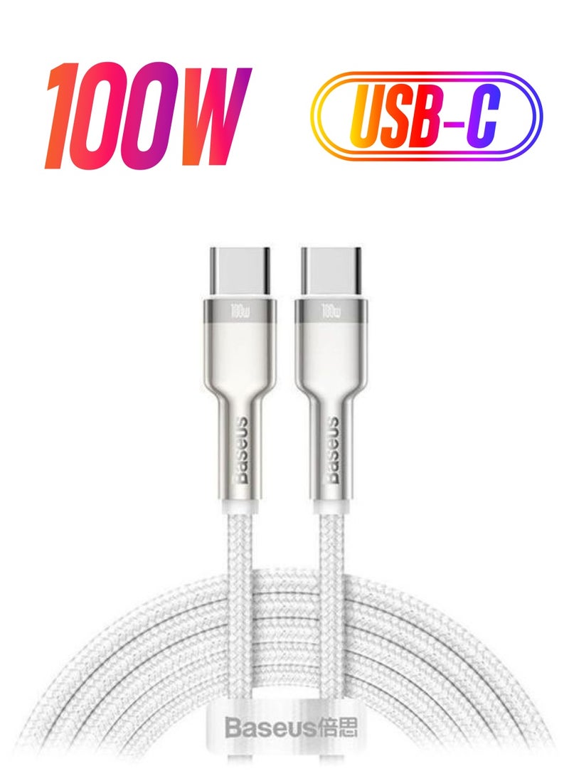 Baseus - Type C Cable, 100W USB C to C Fast Charging Cable PD3.0 5A, Braided Nylon Phone Charger USB C Cable for iPhone 15 Pro Max, 15 Plus, iPad mini, MacBook Pro/Air, iPad Pro, Samsung S23+, Huawei P60 2M White/Silver - Image 1
