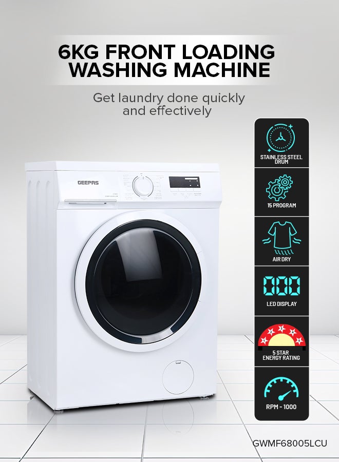 GEEPAS 6 KG Front Load Fully Automatic Washing Machine|Durable Stainless Steel Drum, 15 Washing programs, 1000 RPM, LED Display | Waterproof IPX4 |2050 W 1 Years Warranty GWMF68005LCU White  - Image 1