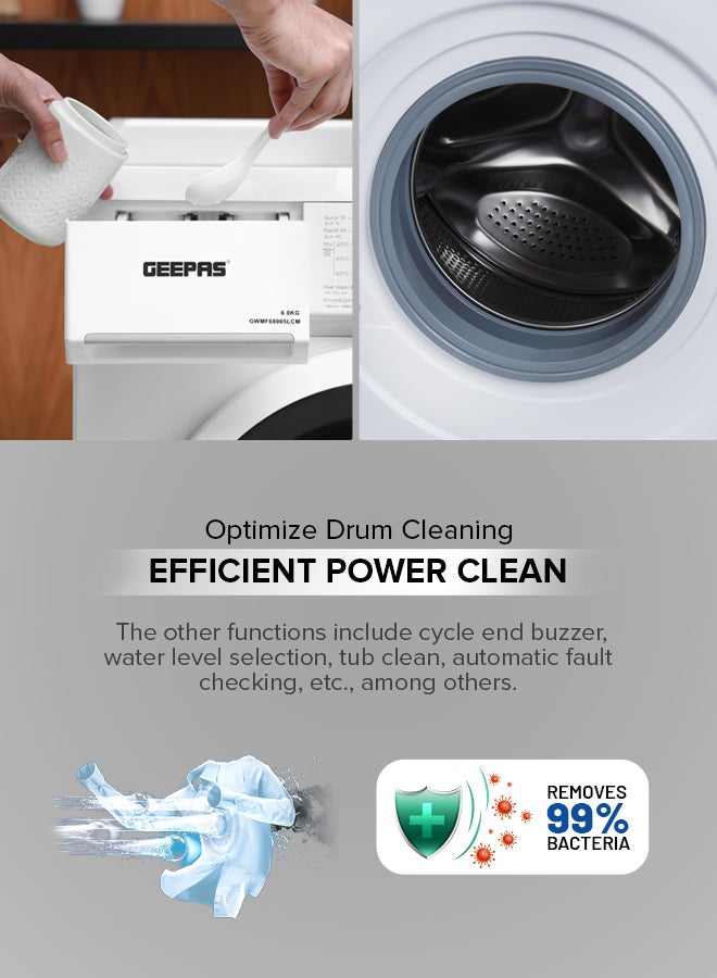 GEEPAS 6 KG Front Load Fully Automatic Washing Machine|Durable Stainless Steel Drum, 15 Washing programs, 1000 RPM, LED Display | Waterproof IPX4 |2050 W 1 Years Warranty GWMF68005LCU White  - Image 5