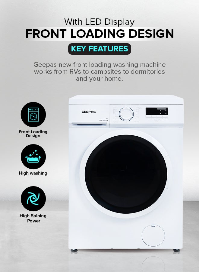 GEEPAS 6 KG Front Load Fully Automatic Washing Machine|Durable Stainless Steel Drum, 15 Washing programs, 1000 RPM, LED Display | Waterproof IPX4 |2050 W 1 Years Warranty GWMF68005LCU White  - Image 2