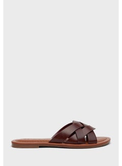 EEAZID Criss-Cross Wide Strap Flat Slide Brown  - Image 1