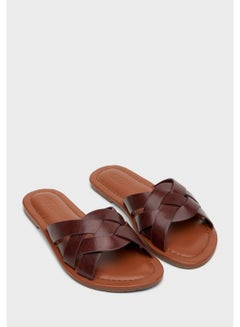 EEAZID Criss-Cross Wide Strap Flat Slide Brown  - Image 4