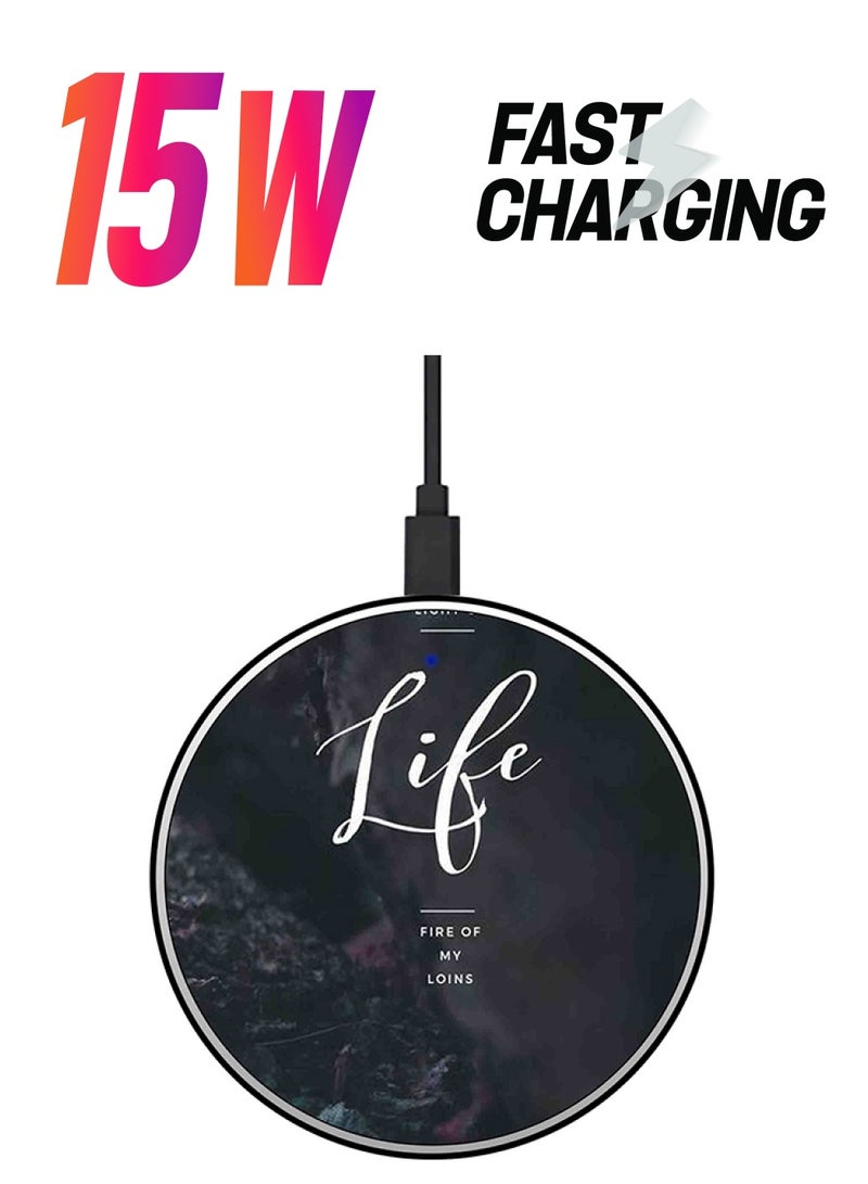 ثيودور شاحن لاسلكي سريع رفيع للغاية بطبعة كلمة "Life" مع كابل USB اسود/أبيض/زهري - Image 1