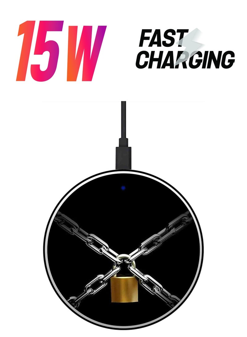 ثيودور شاحن لاسلكي سريع بطبعة قفل مع كابل USB . أسود/ فضي/ ذهبي . - Image 1