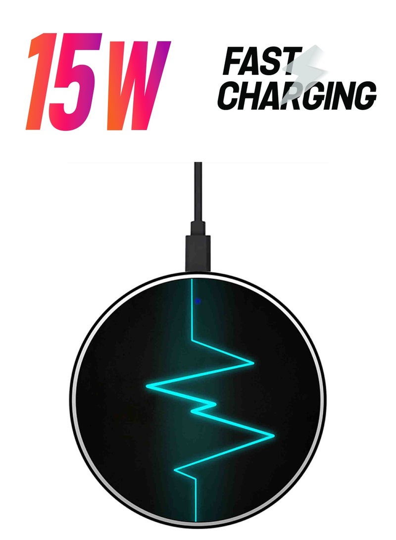 Theodor Neon Heartbeat Printed Ultra Slim Fast Wireless Charger With USB Cable Black/Blue - Image 1