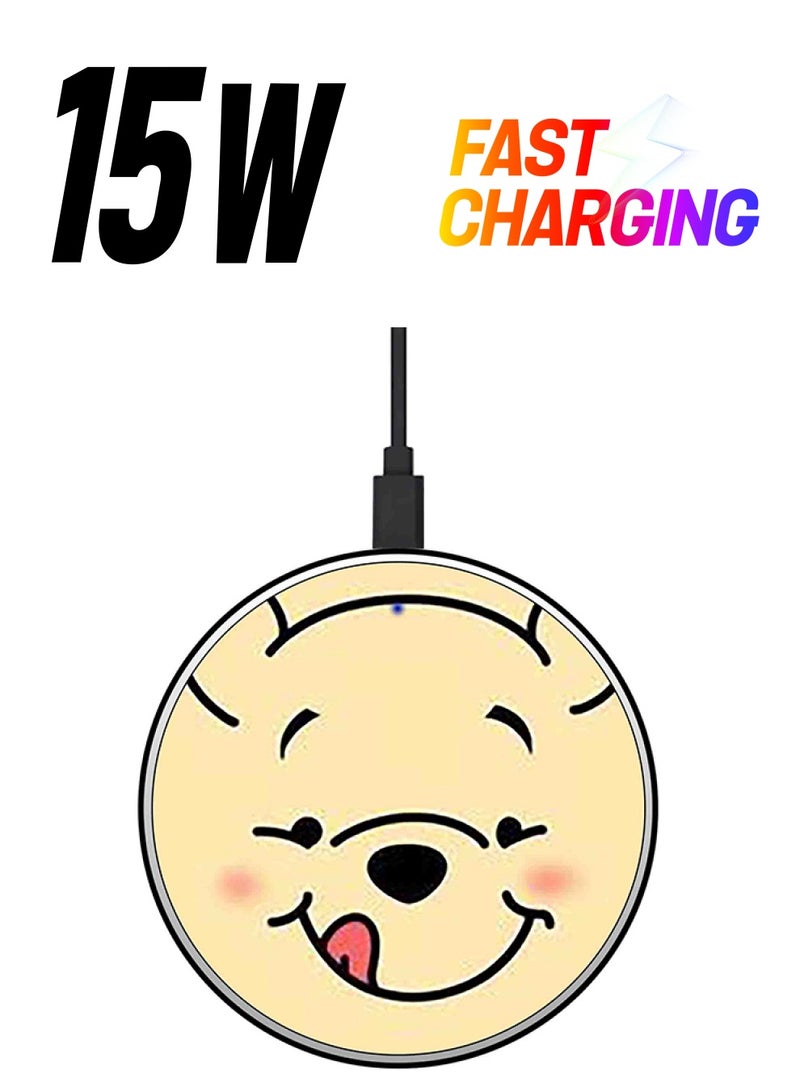 Theodor Winnie-The-Pooh Face Printed Fast Wireless Charger With USB Cable Beige/Black/Red - Image 1