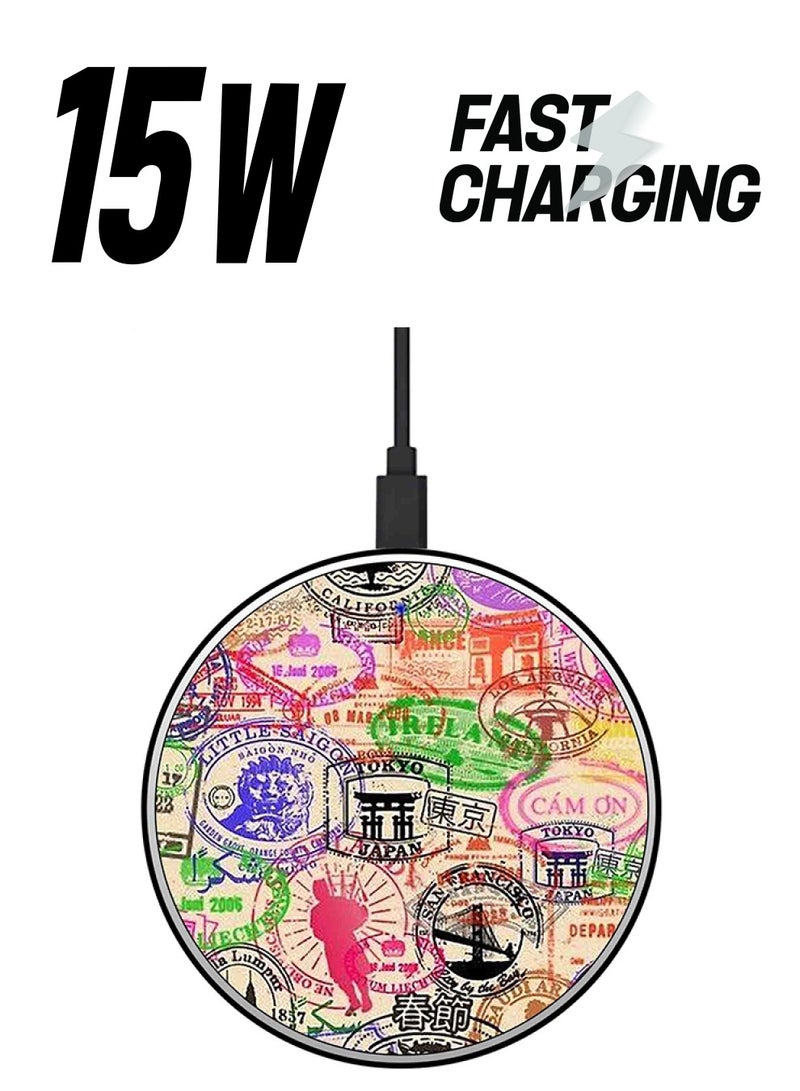 Theodor Passport Stamp Printed Fast Wireless Charger With USB Cable Multicolour - Image 1