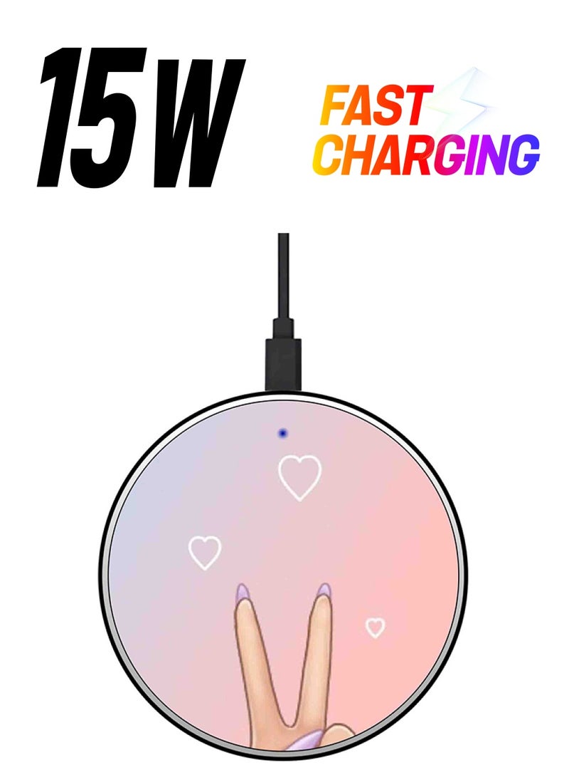 Theodor Victory Sign And Heart Printed Fast Wireless Charger With USB Cable Pink/Purple/White - Image 1