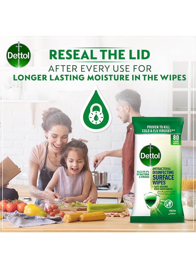 Dettol - Fresh Antibacterial Disinfecting Surface Large Wipes With Resealable Lid, 80 Count Multicolour - Image 1