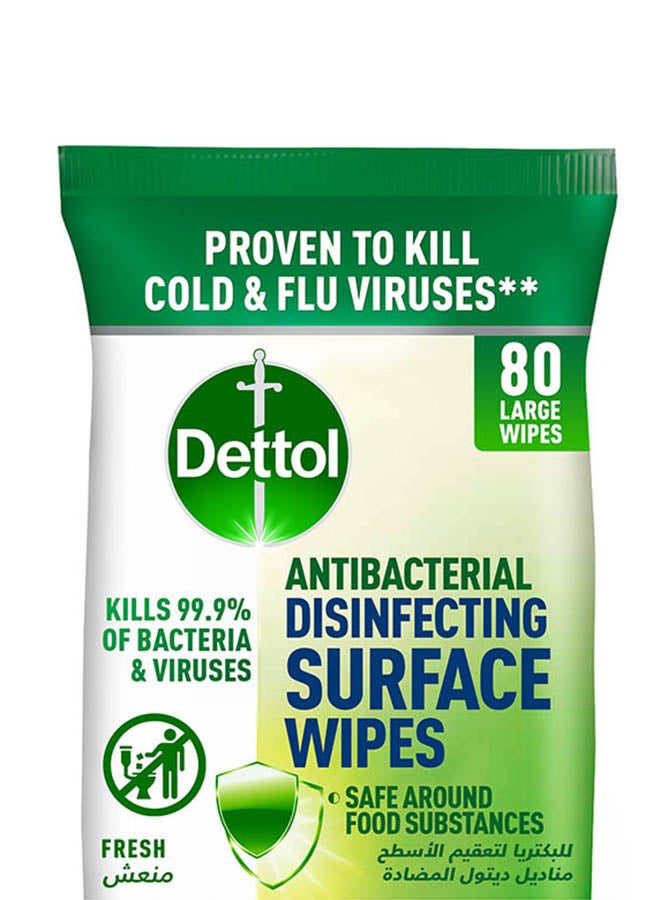 Dettol - Fresh Antibacterial Disinfecting Surface Large Wipes With Resealable Lid, 80 Count Multicolour - Image 1