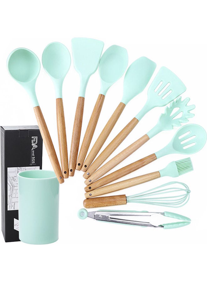12-Piece Barreled Cooking Utensils Set With Wooden Handle Mint Green 36.5x12x10cm - Image 1