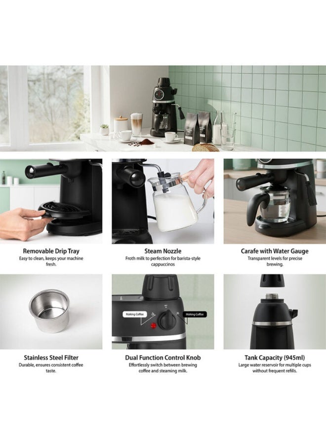 Saachi 3.5-Bar Espresso Coffee Maker NL-COF-7047-BK, 2-4 Cups 240ml, Cappuccino & Latte Machine, Steam Frother, Stainless Steel Filter, 800W 240 ml 800 W NL-COF-7047-BK Black - Image 3