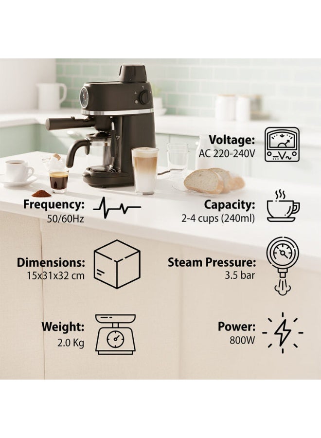 Saachi 3.5-Bar Espresso Coffee Maker NL-COF-7047-BK, 2-4 Cups 240ml, Cappuccino & Latte Machine, Steam Frother, Stainless Steel Filter, 800W 240 ml 800 W NL-COF-7047-BK Black - Image 4