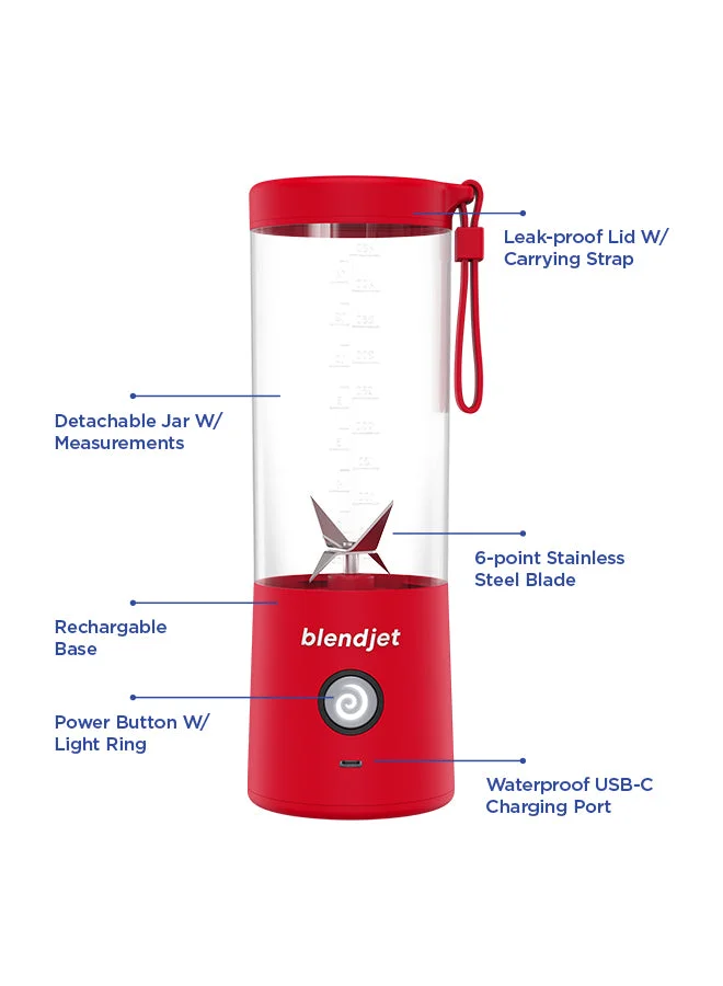 blendjet V2 Portable Blender | World's Most Powerful 16Oz @22,000 RPM, 6 Stainless Steel Blades, Ice Crasher, USB-C Charging, Leak Proof, Self Cleaning, Safety Features, BPA Free - Red