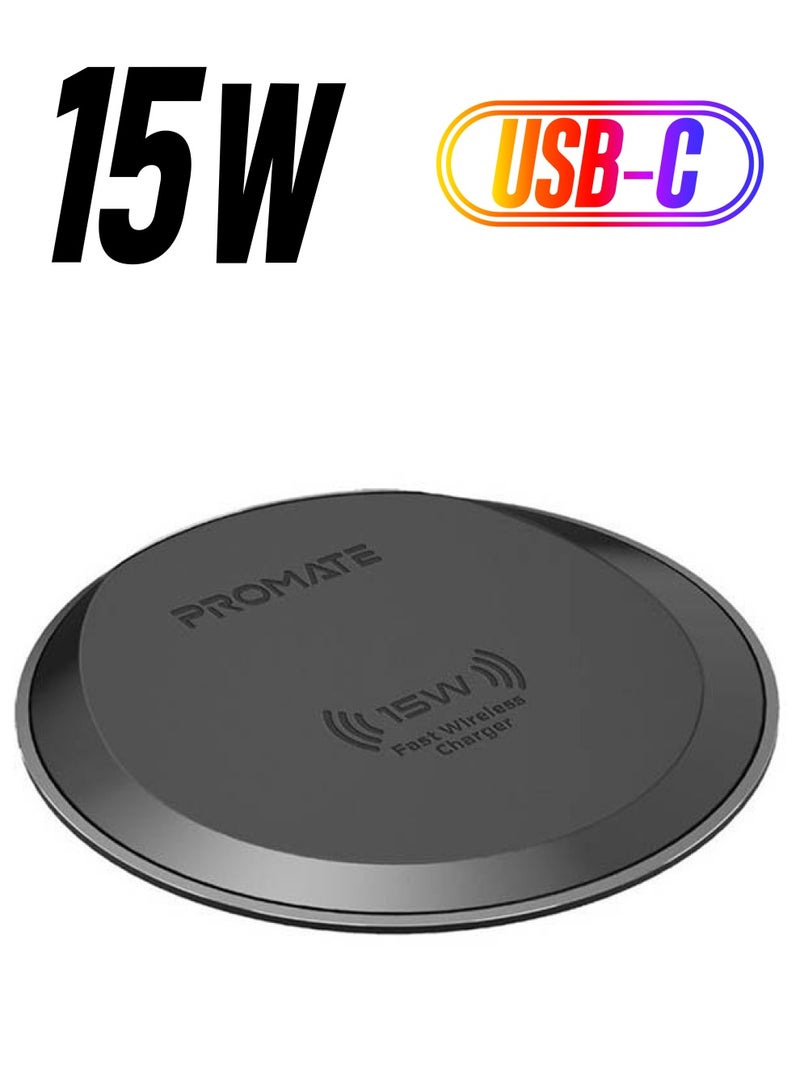 PROMATE - Ultra-Slim 15W Fast Wireless Charging Pad For iPhone 12/12 Pro Max, AirPods Pro, Galaxy S21, Buds Pro, Buds Live, AuraPad15W Black - Image 1