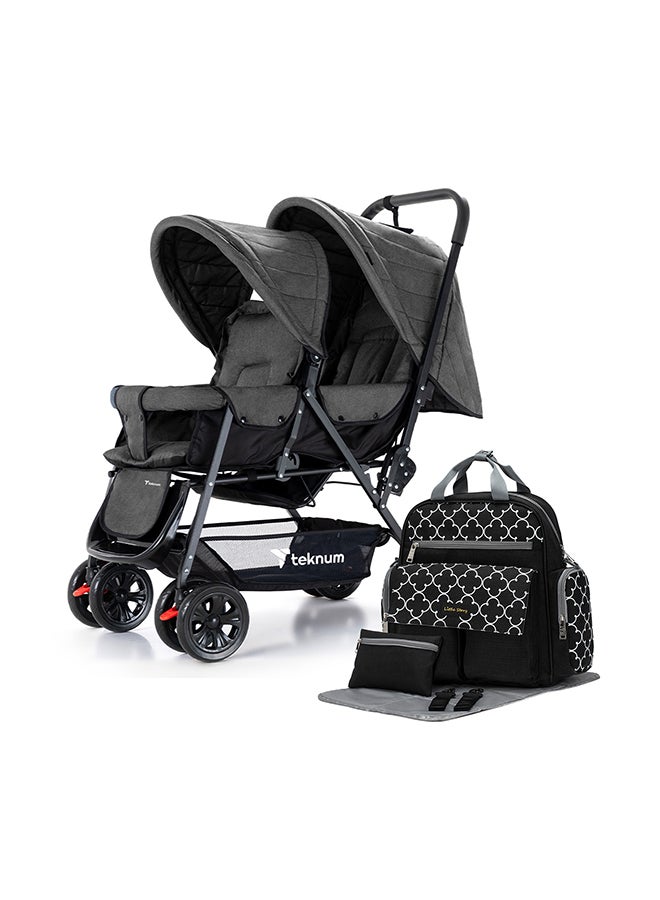 تيكنوم عربة أطفال مزدوجة مزدوجة، حقيبة حفاضات للسفر مع خطافات لعربة الأطفال، بساط تغيير، حقيبة جافة مبللة، مقعد واسع ومظلة، سلة كبيرة، حزام مقعد من 5 نقاط، مقعد مبطن، للأطفال، 6-36 شهرا، رمادي - Image 1