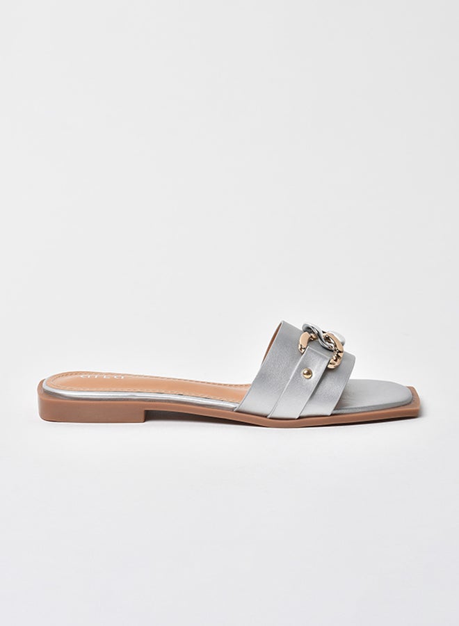 Aila - Chain Detail Strap Flat Sandals Silver - Image 1