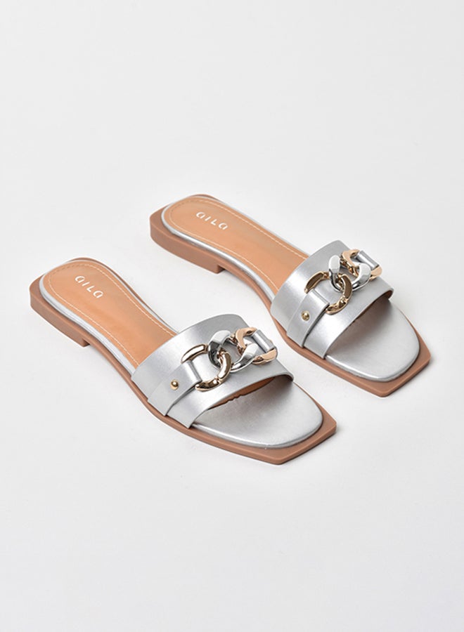 Aila - Chain Detail Strap Flat Sandals Silver - Image 1