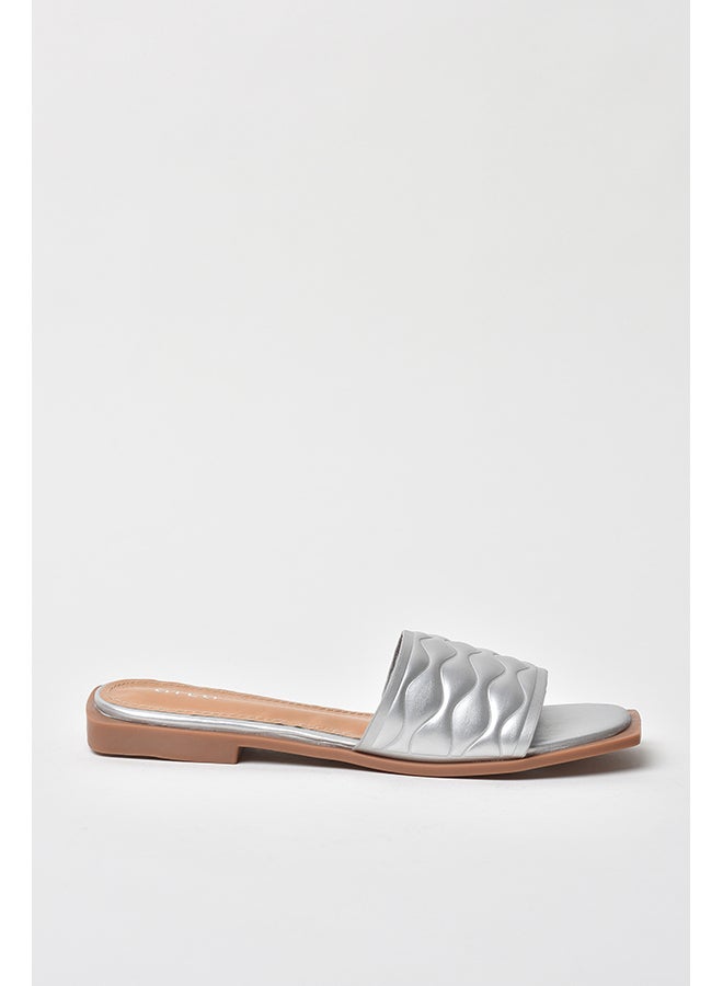 Aila - Quilted Weave Pattern Broad Strap Flat Sandals Silver - Image 1