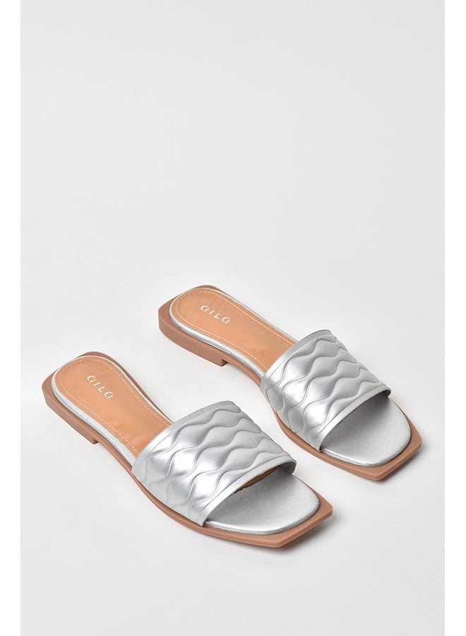Aila - Quilted Weave Pattern Broad Strap Flat Sandals Silver - Image 1