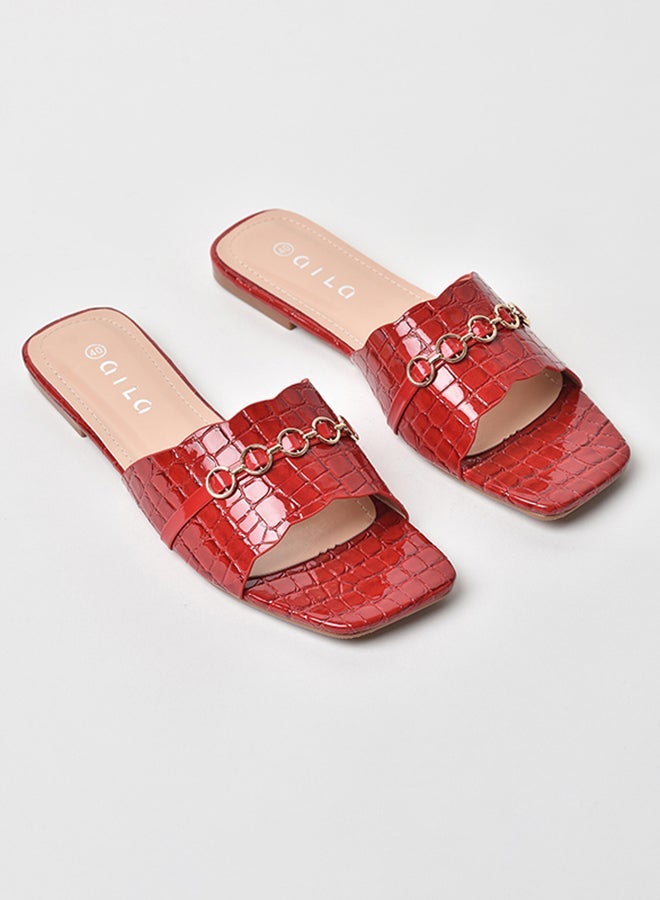 Aila - Animal Pattern Broad Strap Flat Sandals Red - Image 1