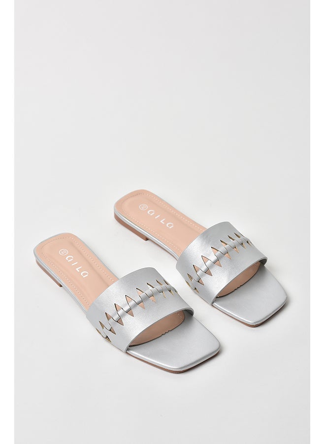 Aila - Cut-Out Detail Broad Strap Flat Sandals Silver - Image 1