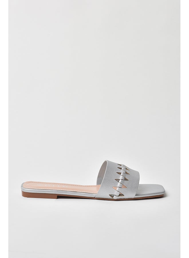 Aila - Cut-Out Detail Broad Strap Flat Sandals Silver - Image 1