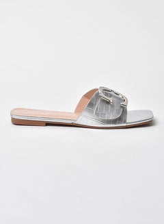 Animal Pattern Broad Strap Flat Sandals Silver
