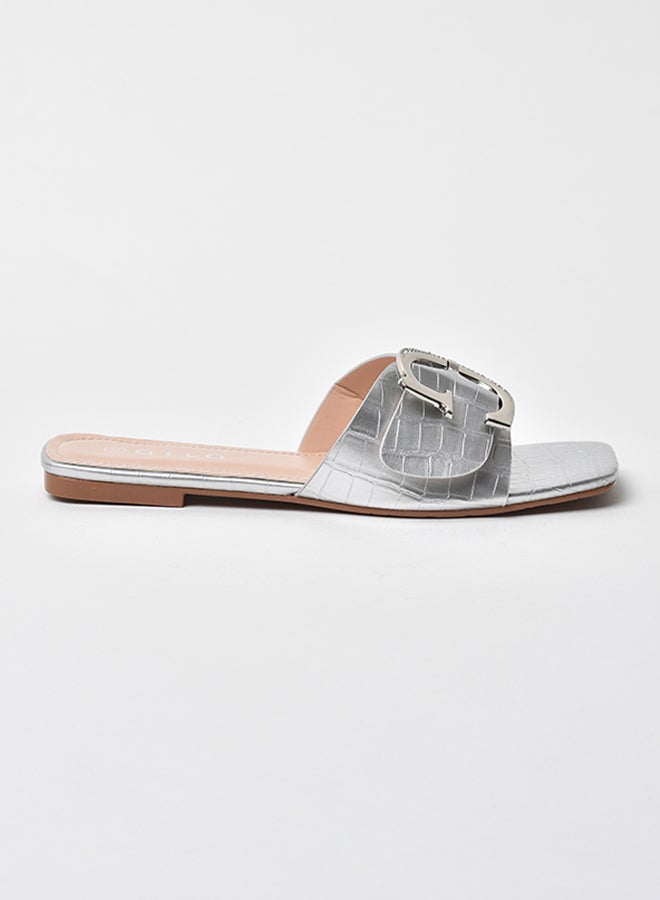 Aila - Animal Pattern Broad Strap Flat Sandals Silver - Image 1