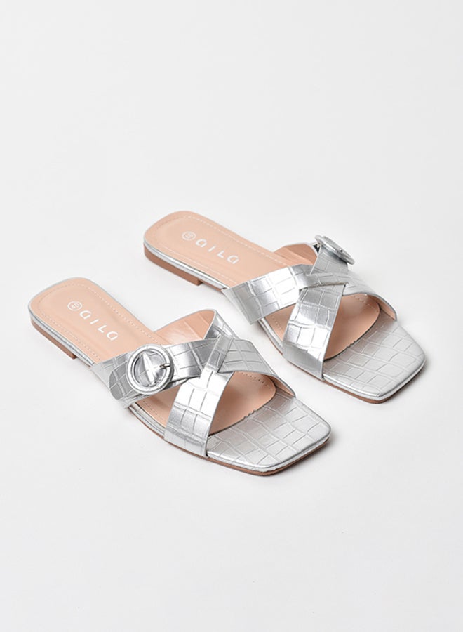 Aila - Animal Pattern Cross Over Strap Flat Sandals Silver - Image 1