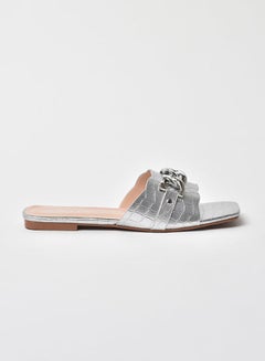 Animal Pattern Chain Detail Strap Flat Sandals Silver