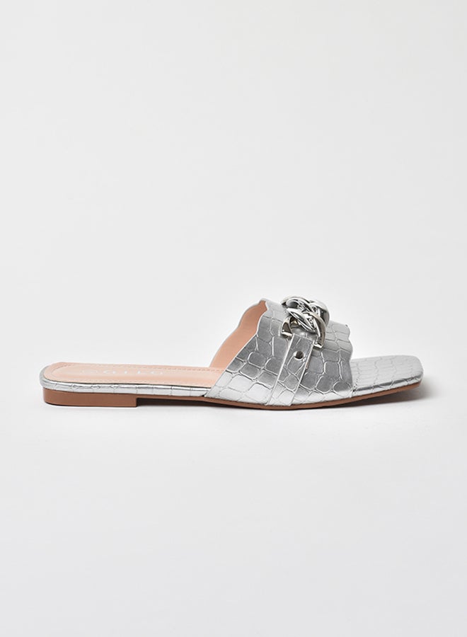Aila - Animal Pattern Chain Detail Strap Flat Sandals Silver - Image 1