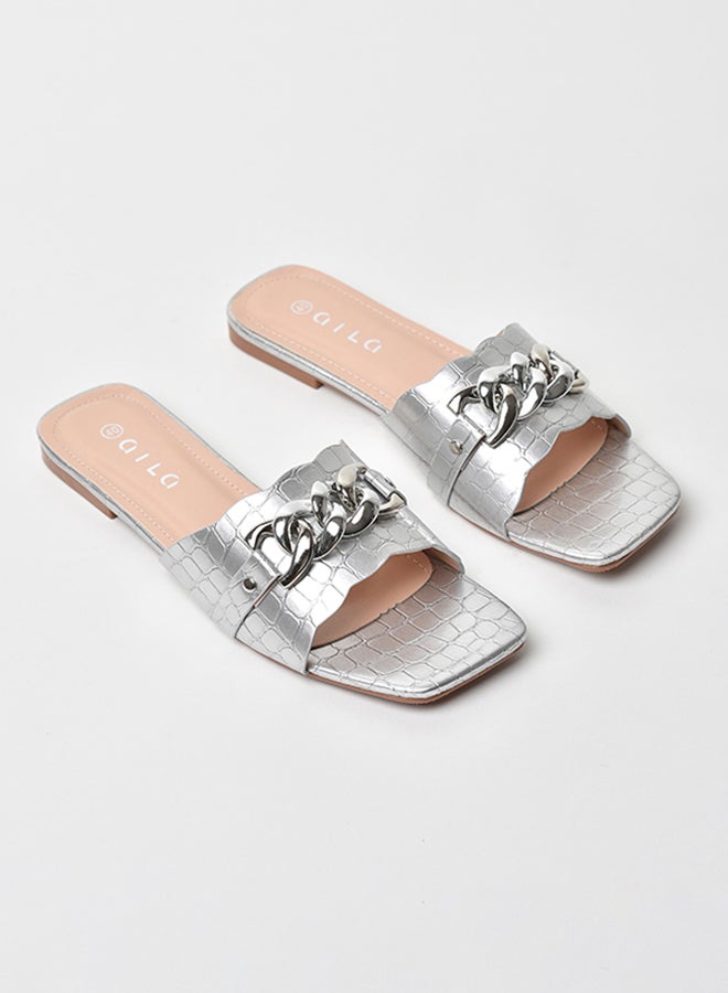 Aila - Animal Pattern Chain Detail Strap Flat Sandals Silver - Image 1