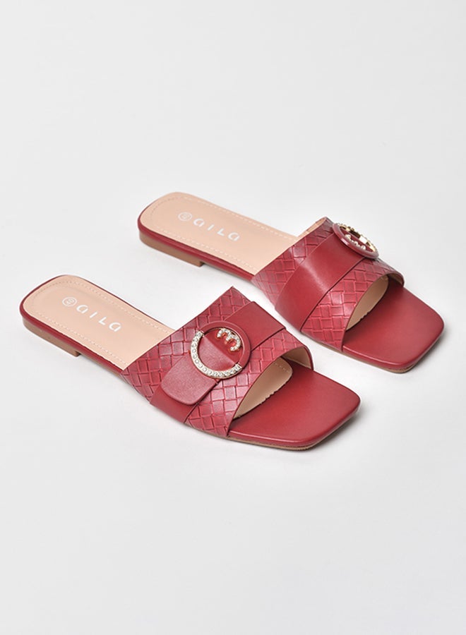 Checked Pattern Broad Strap Flat Sandals Maroon - pnsku/N47996799V/45/_/1734589918/b4fa5d6d-4d24-4dff-b177-1d74830f5506