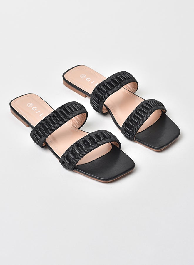 Aila Gathered Double Strap Flat Sandals Black  - Image 2